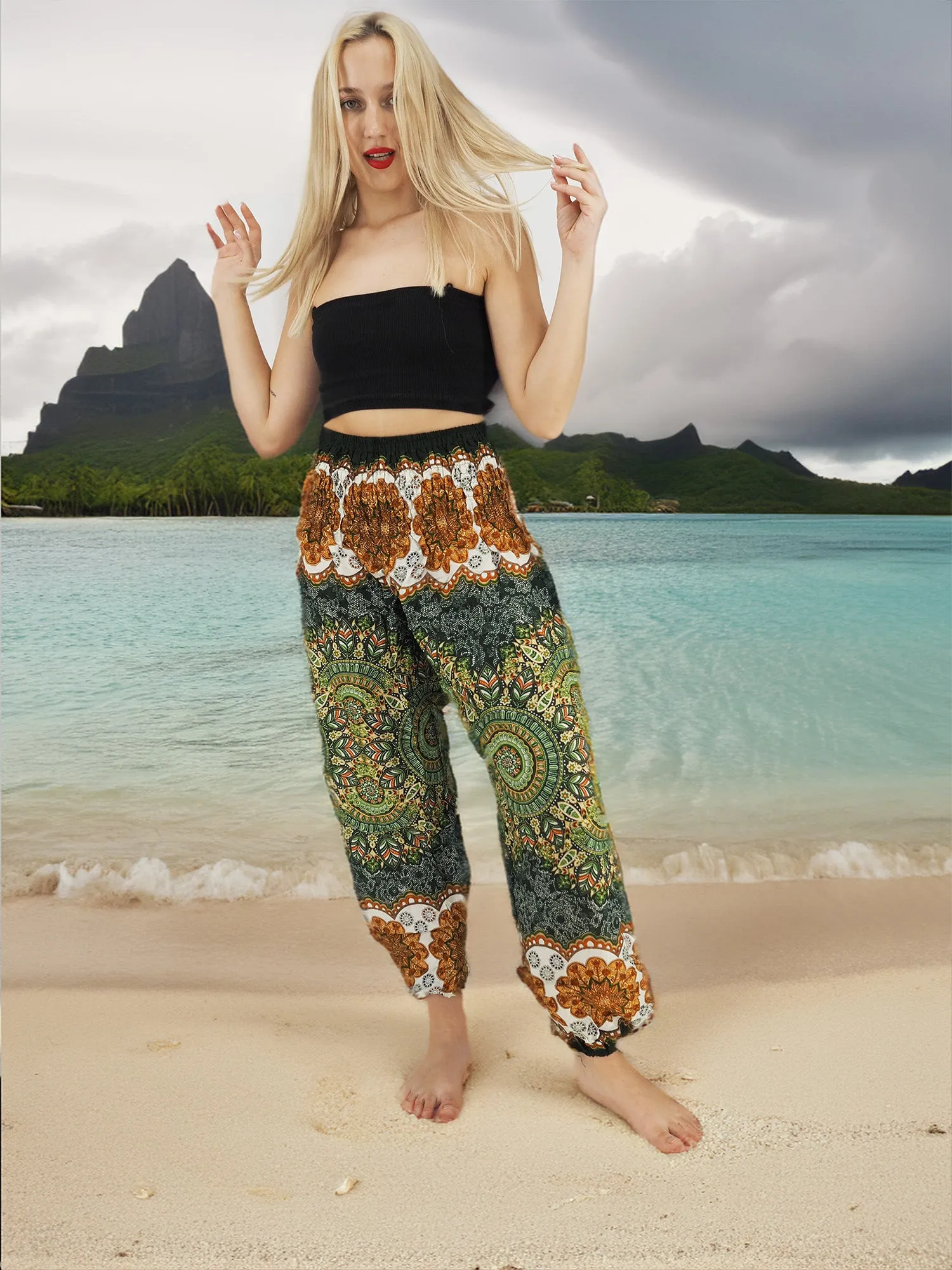 Unisex Harem Yoga Hippie Boho Pants in Green And Brown Tones Color L