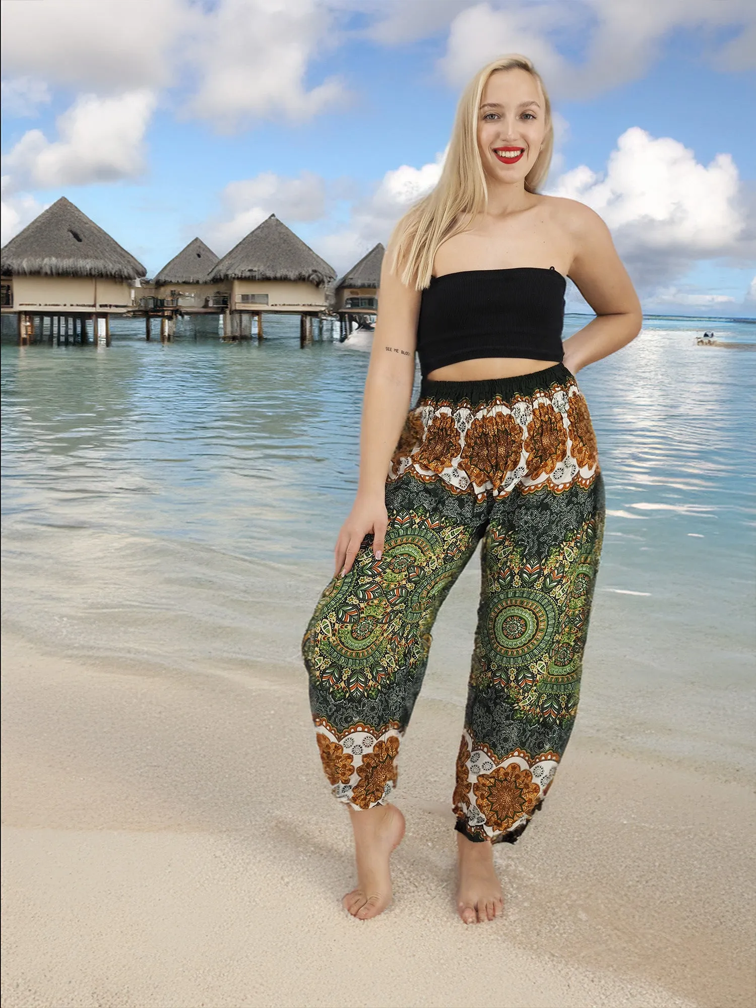 Unisex Harem Yoga Hippie Boho Pants in Green And Brown Tones Color L