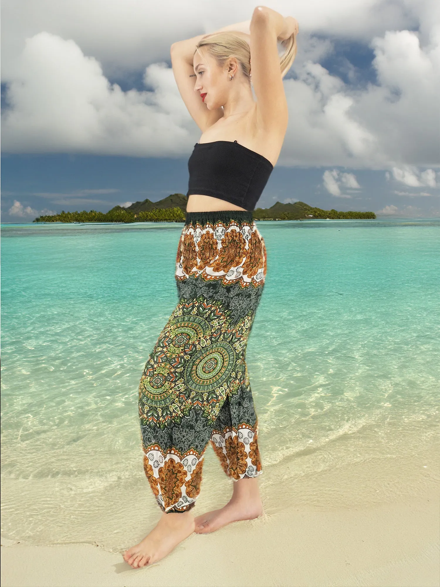 Unisex Harem Yoga Hippie Boho Pants in Green And Brown Tones Color L