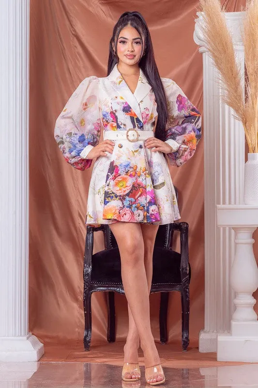 White Multi Flower Print Blazer Mini Dress