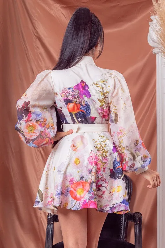 White Multi Flower Print Blazer Mini Dress