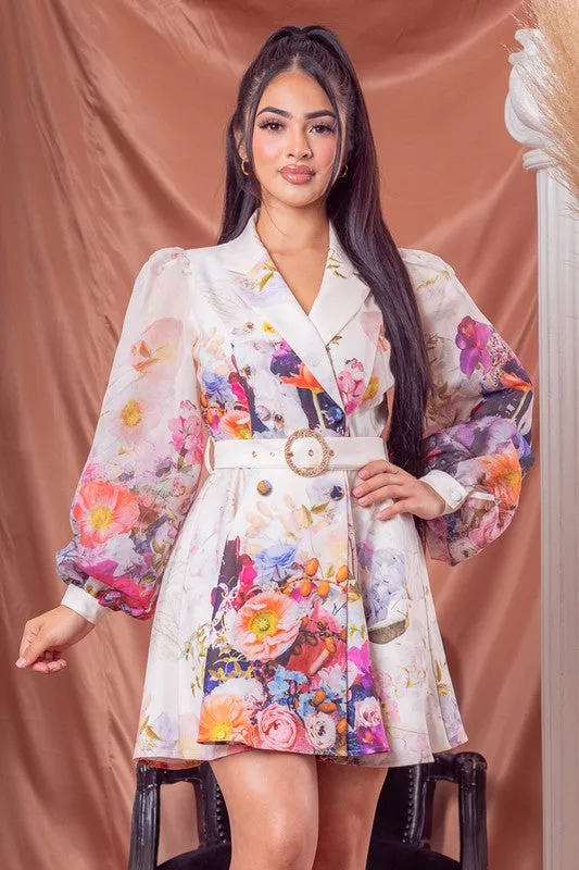 White Multi Flower Print Blazer Mini Dress