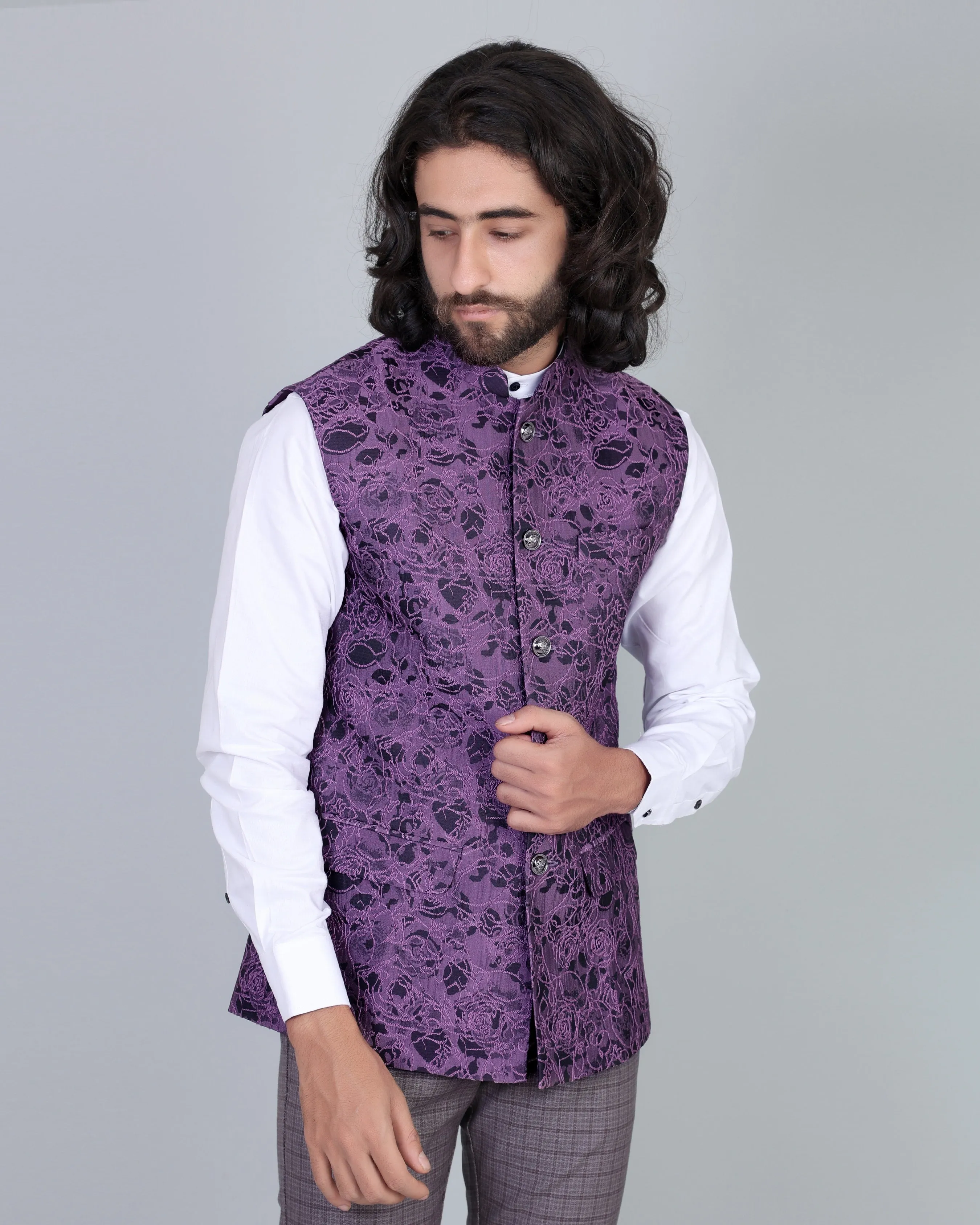 Wine Flower Printed Jacquard Designer Nehru Jacket