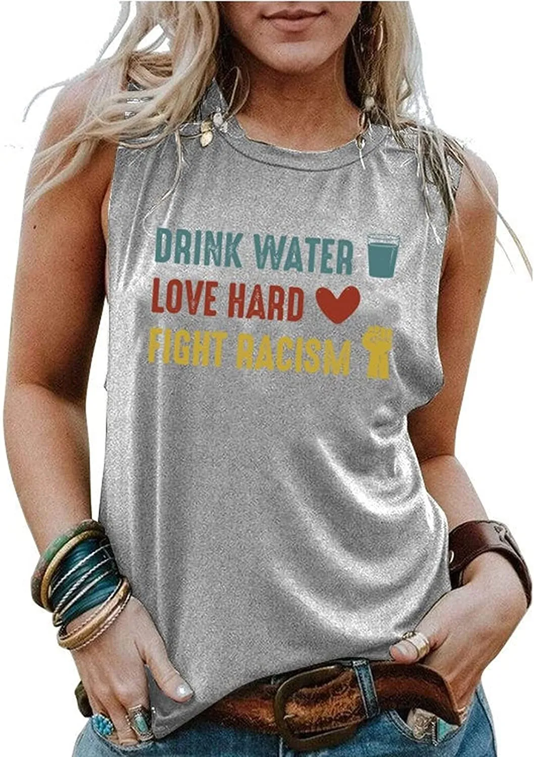Women Drink Water Love Hard Fight Racism Graphic Tank Tops