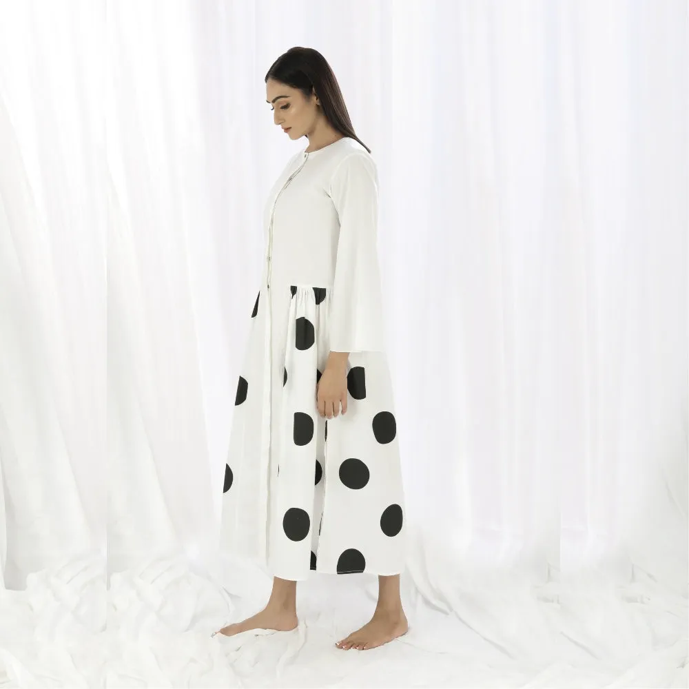 Women Gather Dress | White And Black Polka Print | Smart Casual Resort Wear