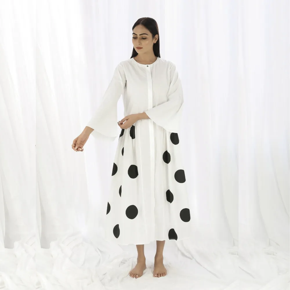 Women Gather Dress | White And Black Polka Print | Smart Casual Resort Wear