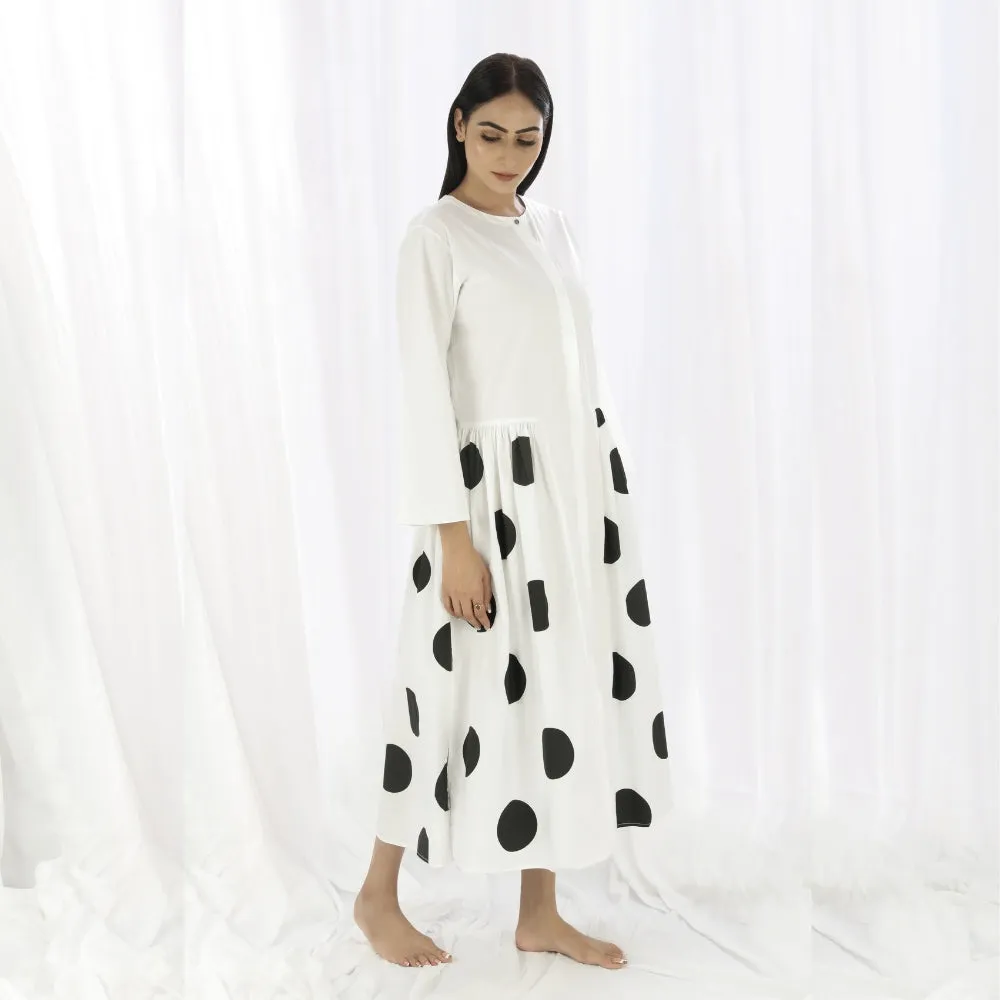 Women Gather Dress | White And Black Polka Print | Smart Casual Resort Wear