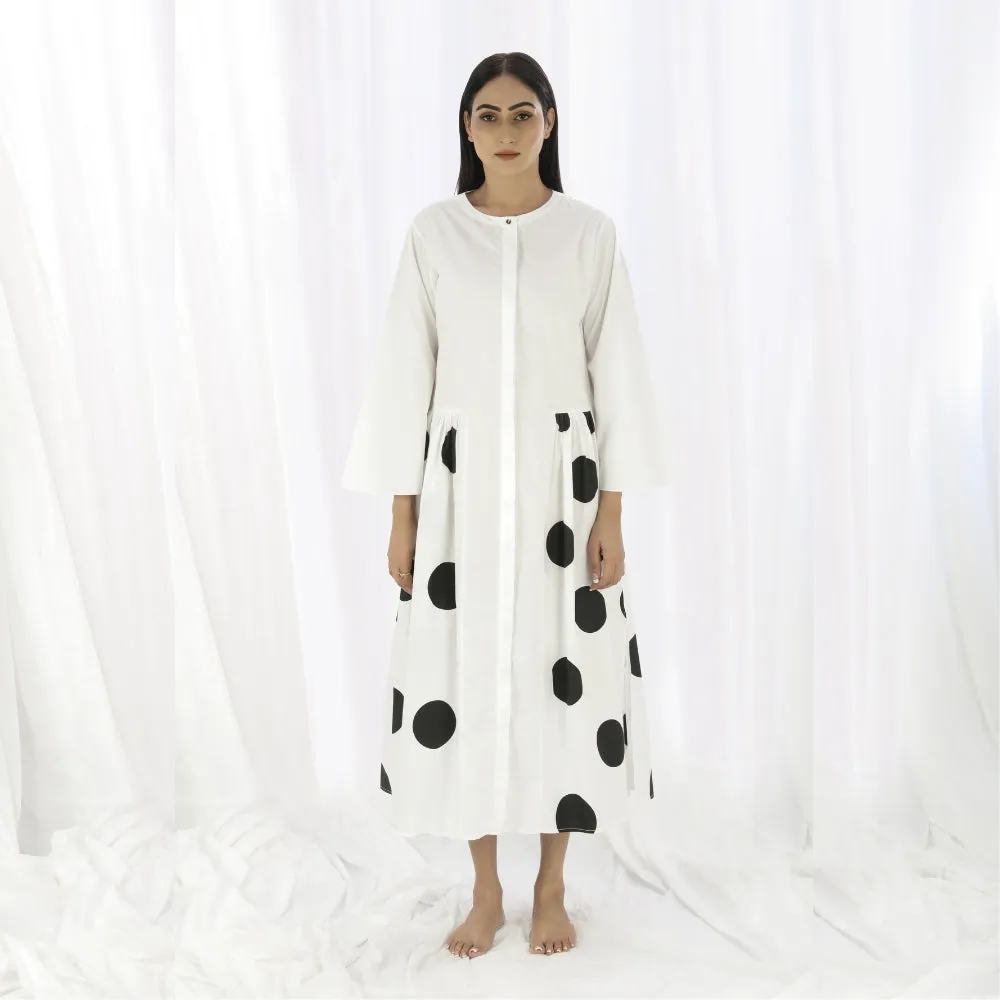 Women Gather Dress | White And Black Polka Print | Smart Casual Resort Wear