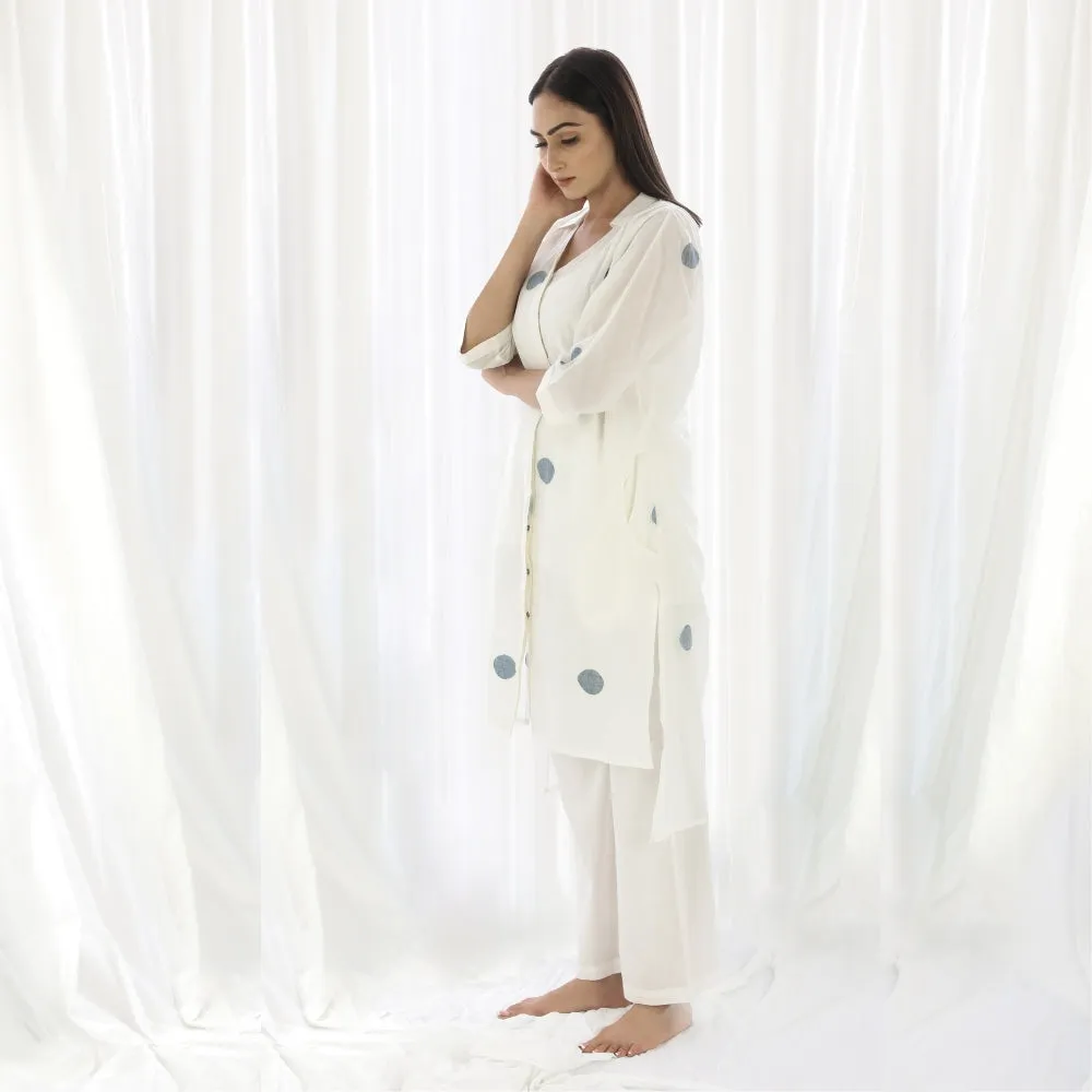Women Long Shirt Cotton Tunic | White With Blue Polka Print | Smart Casual Wear