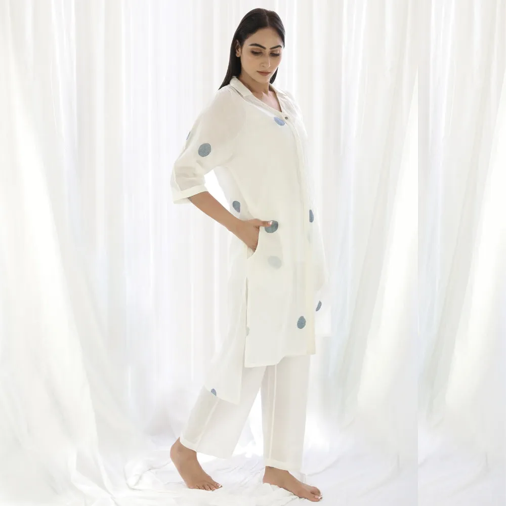 Women Long Shirt Cotton Tunic | White With Blue Polka Print | Smart Casual Wear