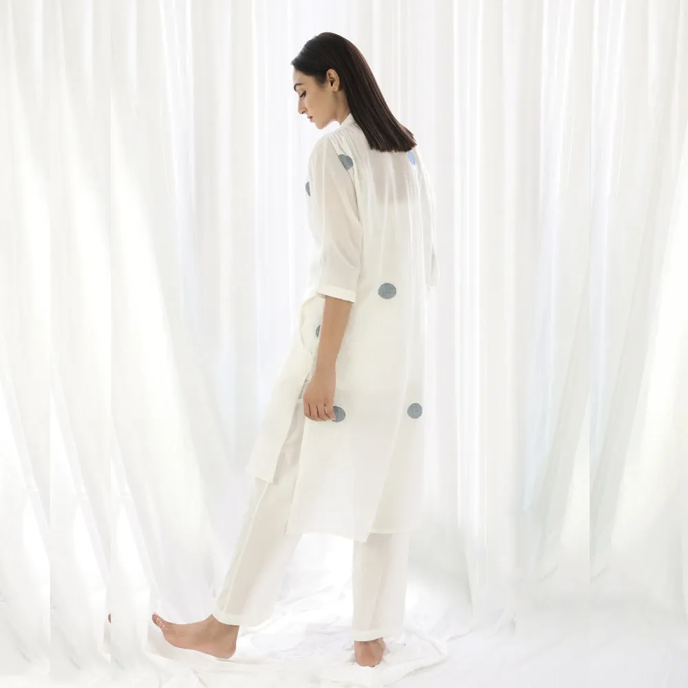 Women Long Shirt Cotton Tunic | White With Blue Polka Print | Smart Casual Wear