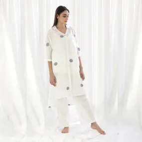 Women Long Shirt Cotton Tunic | White With Blue Polka Print | Smart Casual Wear