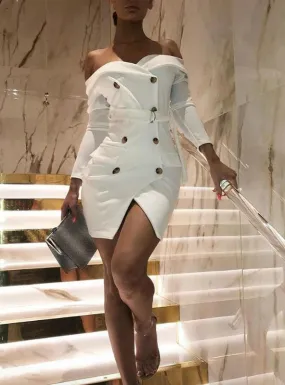 Women Long Sleeve Solid Double Breasted Slit Blazer Dress