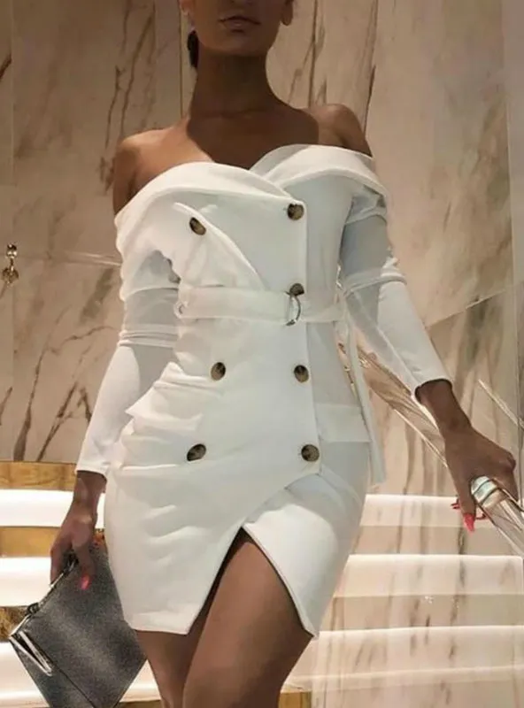 Women Long Sleeve Solid Double Breasted Slit Blazer Dress