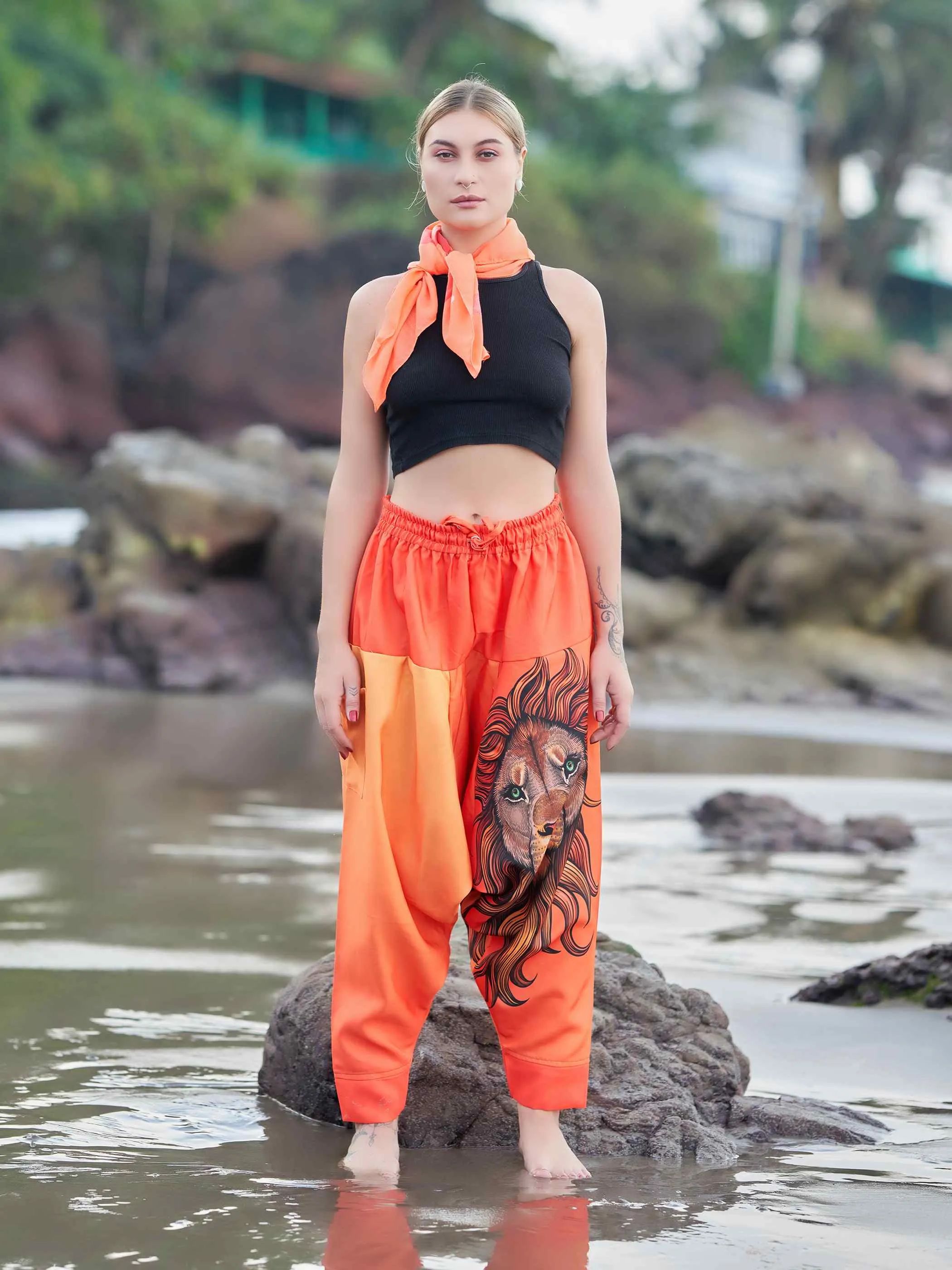 Women's Artistic Orange Lion Bohemian Hippy Harem Pants For Yoga