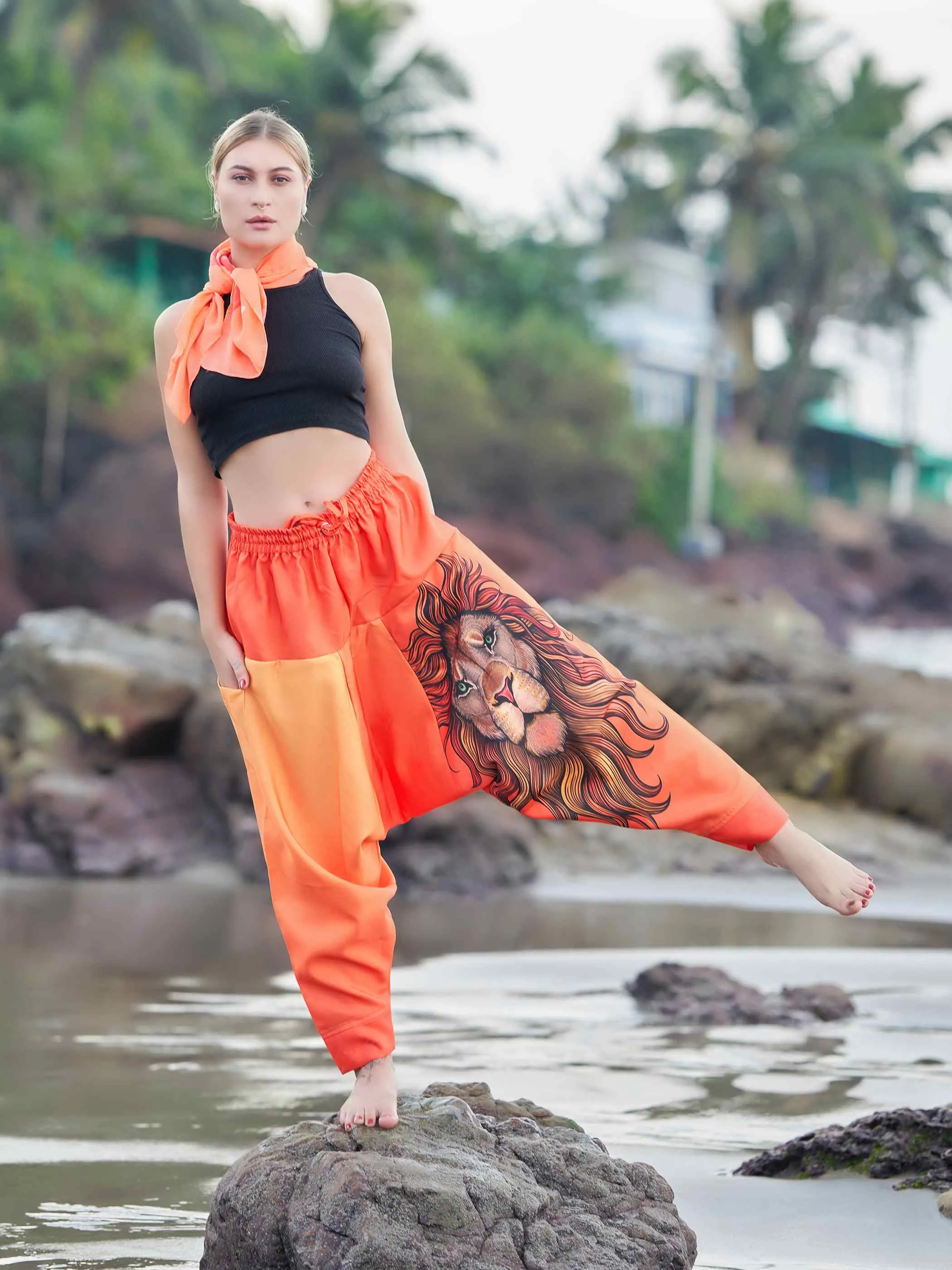 Women's Artistic Orange Lion Bohemian Hippy Harem Pants For Yoga