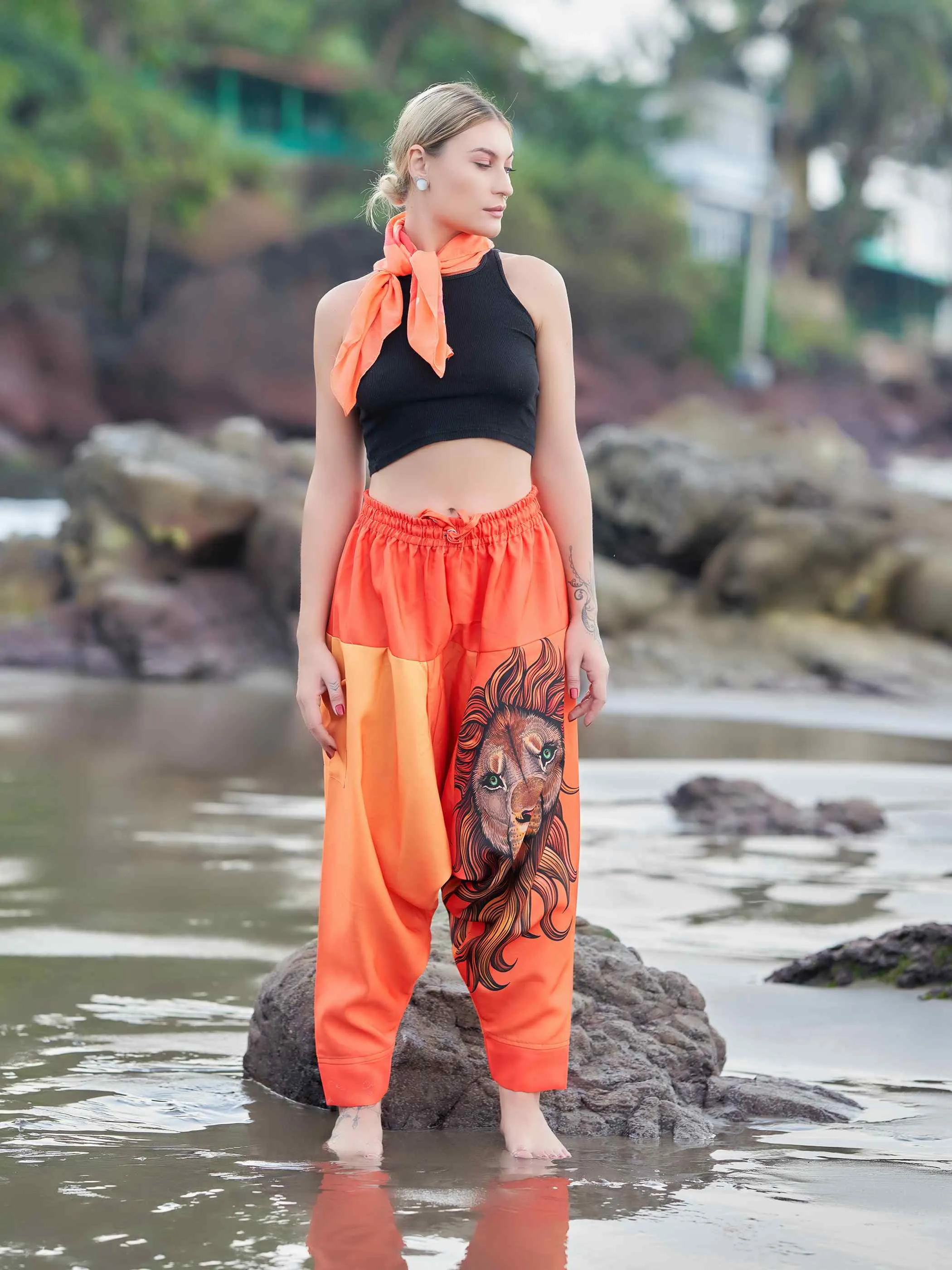 Women's Artistic Orange Lion Bohemian Hippy Harem Pants For Yoga