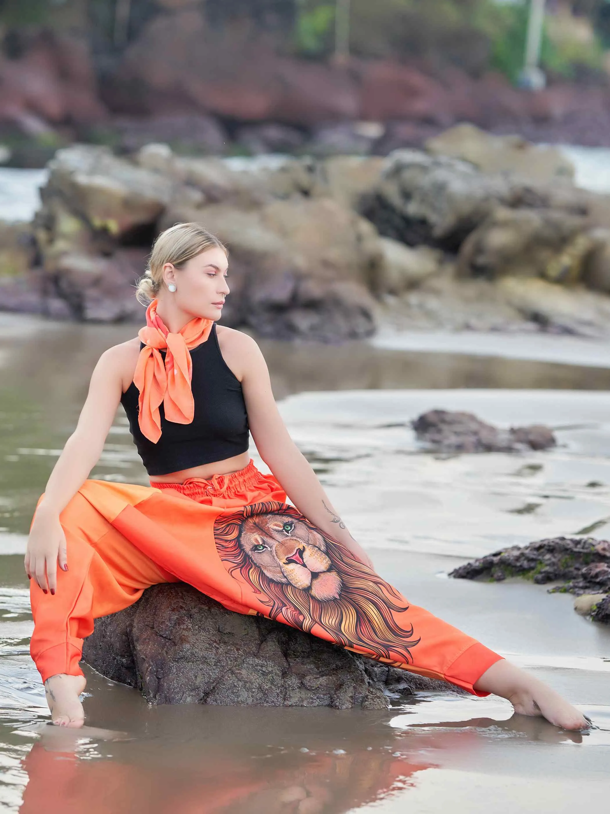 Women's Artistic Orange Lion Bohemian Hippy Harem Pants For Yoga