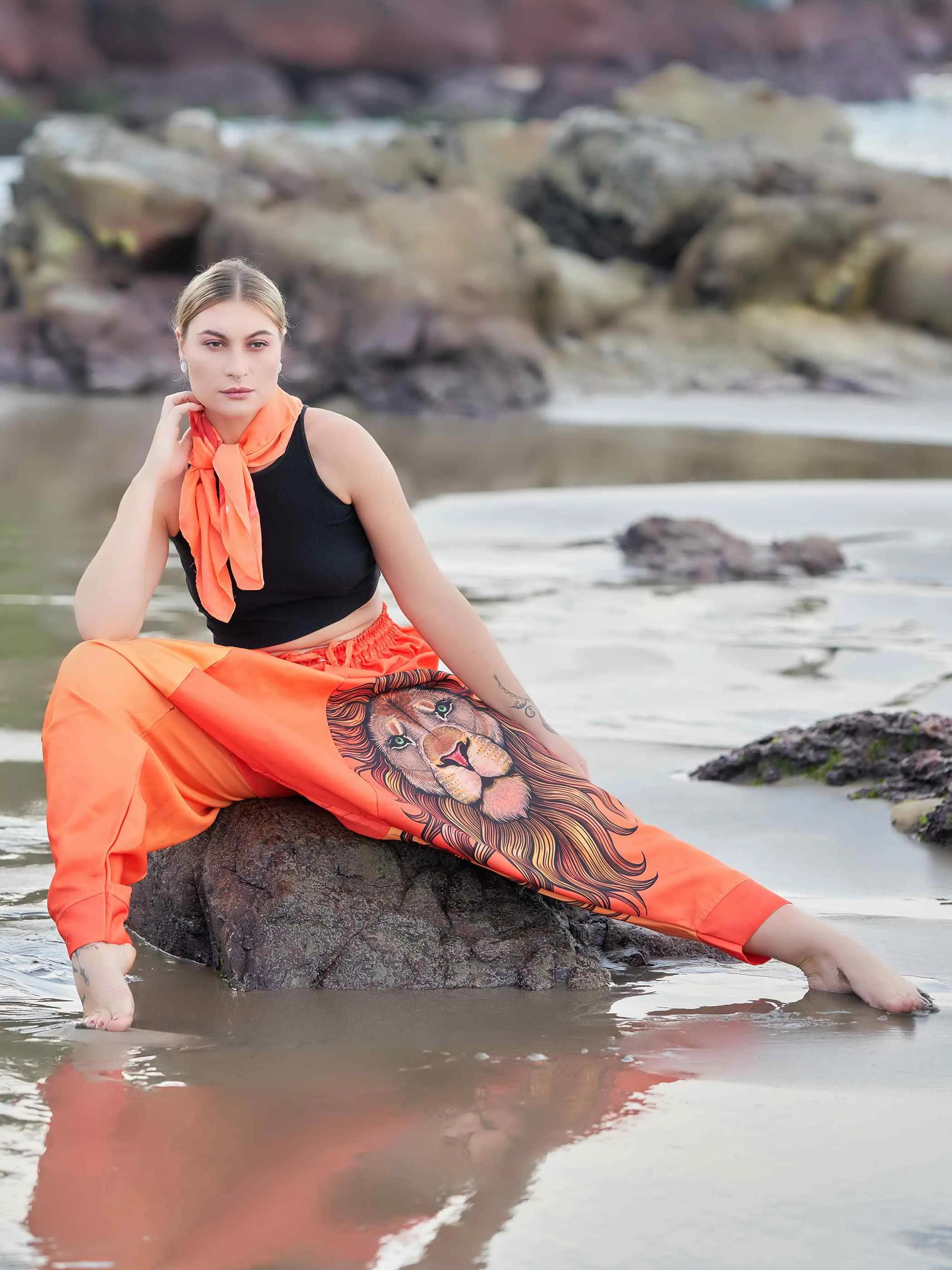 Women's Artistic Orange Lion Bohemian Hippy Harem Pants For Yoga
